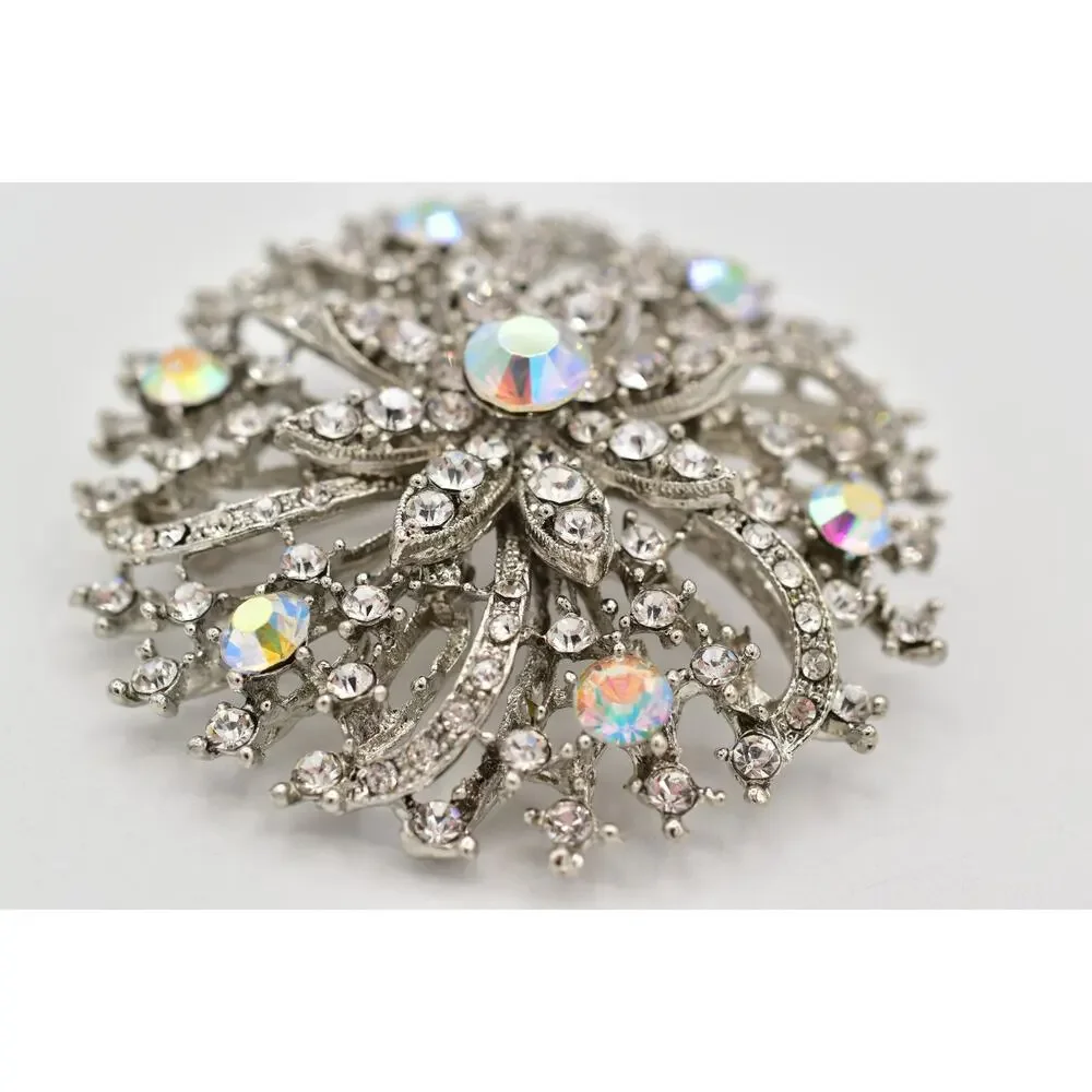 Vintage AB Aurora Borealis Rhinestone Flower Burst Brooch Pin Crystal Y2K A26
